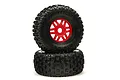 Two ARRMA dBoots Fortress short course RC tires mounted on red multi-spoke wheels, stacked against a white background.