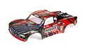 ARRMA 1/7 Mojave BLX short course truck body shell in red and black with sponsor decals on a white background.