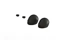 Two black RC driver helmets and two small black mounting washers on a white background.