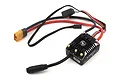 Hobbywing XeRun AXE FOC brushless ESC for RC crawlers, featuring a black finned heatsink, pre-soldered XT60 connector, and various wiring leads.