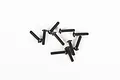 A small pile of ten black metal button head screws scattered on a plain white background.