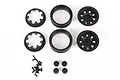 Axial 1.9 inch Raceline Monster beadlock wheel components including rims, rings, and hardware on a white background.