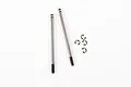 Two silver metal RC shock shafts and three small E-clips on a white background.