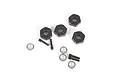 Four black aluminium 12mm RC wheel hexes with included silver washers and black pins on a white background.