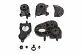A set of black plastic Axial Dig transmission case components arranged on a white background.