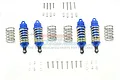 A set of four blue GPM Racing aluminium RC shock absorbers with springs and mounting hardware on a white background.
