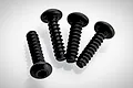 Four black coarse thread button head screws arranged on a white background.