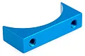 A blue anodized aluminium rear motor support bracket for an RC car, featuring a curved inner edge and two threaded mounting holes.
