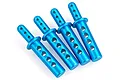 Four bright blue anodized aluminium RC car body posts arranged diagonally on a white background.