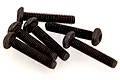 A small pile of six black metal button head screws with fine threading, isolated on a white background.