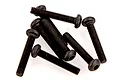 A pile of eight black metal button head screws with fine threading against a white background.
