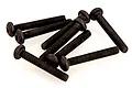 A cluster of eight black metal button head screws with fine threading, arranged on a white background.