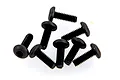 A cluster of eight black metal button head screws with hexagonal sockets, shown against a white background.