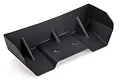 A black plastic rear wing for a 1/10 scale RC buggy, featuring three vertical support fins and two mounting holes.