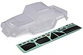 An unpainted, clear polycarbonate RC truck body shell for the HSP Pangolin, shown with an included decal sheet on a white background.