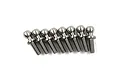 Eight silver-coloured titanium pivot balls arranged in a row against a white background.