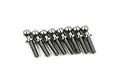 A set of eight silver-coloured titanium pivot balls with threaded shafts arranged in a row against a white background.