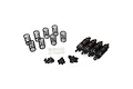 A set of four black aluminium RC shock absorbers with extra springs, mounting hardware, and spacers on a white background.