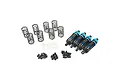 A set of four blue aluminium RC shock absorbers with extra springs, plastic spacers, and mounting hardware on a white background.