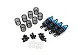 A set of four blue aluminium RC shock absorbers with extra springs, mounting hardware, and plastic spacers on a white background.
