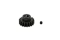 A black 18-tooth steel pinion gear for RC vehicles, shown with a small grub screw on a white background.