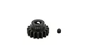 A black 16-tooth steel pinion gear for RC vehicles, shown with its matching grub screw on a white background.