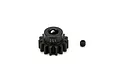 A black Losi 15T 1.5Mod steel pinion gear with a matching grub screw on a white background.