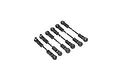 A set of six metal turnbuckles with black plastic rod ends arranged diagonally on a white background.