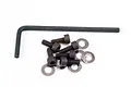 A set of six black metal cap head screws, six silver metal washers, and one L-shaped Allen key on a white background.