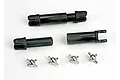 Traxxas splined half shaft set including two black plastic driveshaft components and four metal universal joint crosses.