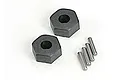 Two black 12mm wheel hexes and four metal axle pins for Traxxas RC vehicles on a white background.