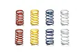 A set of eight Tamiya RC on-road tuned springs arranged in two rows, featuring red, yellow, blue, and white color-coded pairs.