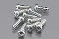 A cluster of ten silver-coloured metal button head self-tapping screws on a reflective grey surface.