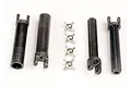 Traxxas splined half shaft set including four black plastic driveshaft components and four silver metal universal joint crosses on a white background.
