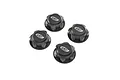 Four black Losi aluminium serrated wheel nuts for RC cars, arranged on a white background.