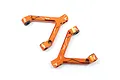 Two orange anodized aluminium Y-shaped RC suspension arms with white branding logos on a white background.