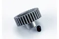 A silver metal pinion gear with a small black grub screw sitting on a white background.