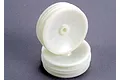 Two white 2.2-inch dished RC buggy wheels stacked on a grey surface.