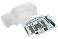 Clear unpainted polycarbonate body shell for an Axial SCX24 Jeep Wrangler JLU, shown with two included decal sheets on a white background.