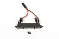 Axial SCX24 JLU front bumper in black plastic with integrated LED lights, wiring harness, and two small mounting screws on a white background.