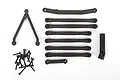 Axial SCX24 JLU LWB suspension linkage set including plastic links, a Y-link, hardware screws, and a driveshaft component on a white background.