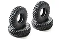 Four black rubber RC crawler tyres with aggressive tread patterns stacked on a white background.