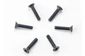 A set of six black metal countersunk screws arranged in a circle on a white background.