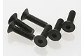 A set of six black metal countersunk head screws with hex drive sockets, arranged on a white background.