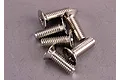 A small pile of six silver-coloured metal countersunk machine screws with Phillips heads.