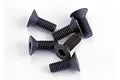A cluster of five black metal countersunk screws with hexagonal drive heads on a white background.