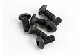 A small pile of six black metal button head screws with hex drive sockets on a white background.