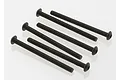 Six black metal button head screws with fine threads arranged in a row on a white background.