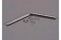 Two silver metal suspension pins and four small E-clips arranged on a grey surface.