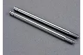 Two shiny, silver-coloured metal shock shafts for Traxxas RC vehicles, shown side-by-side on a grey surface.